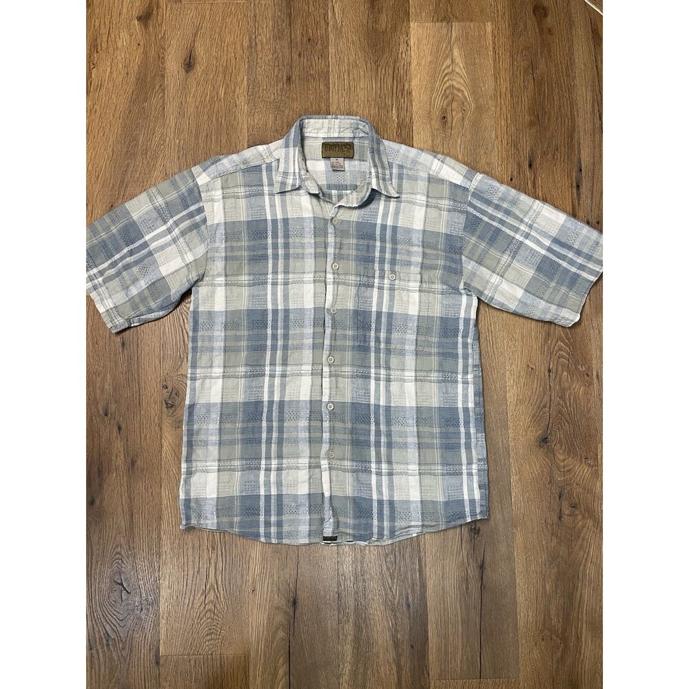 Utopia Men's Medium Short Sleeve Button Up Shirt Blue White Plaid Linen Blend